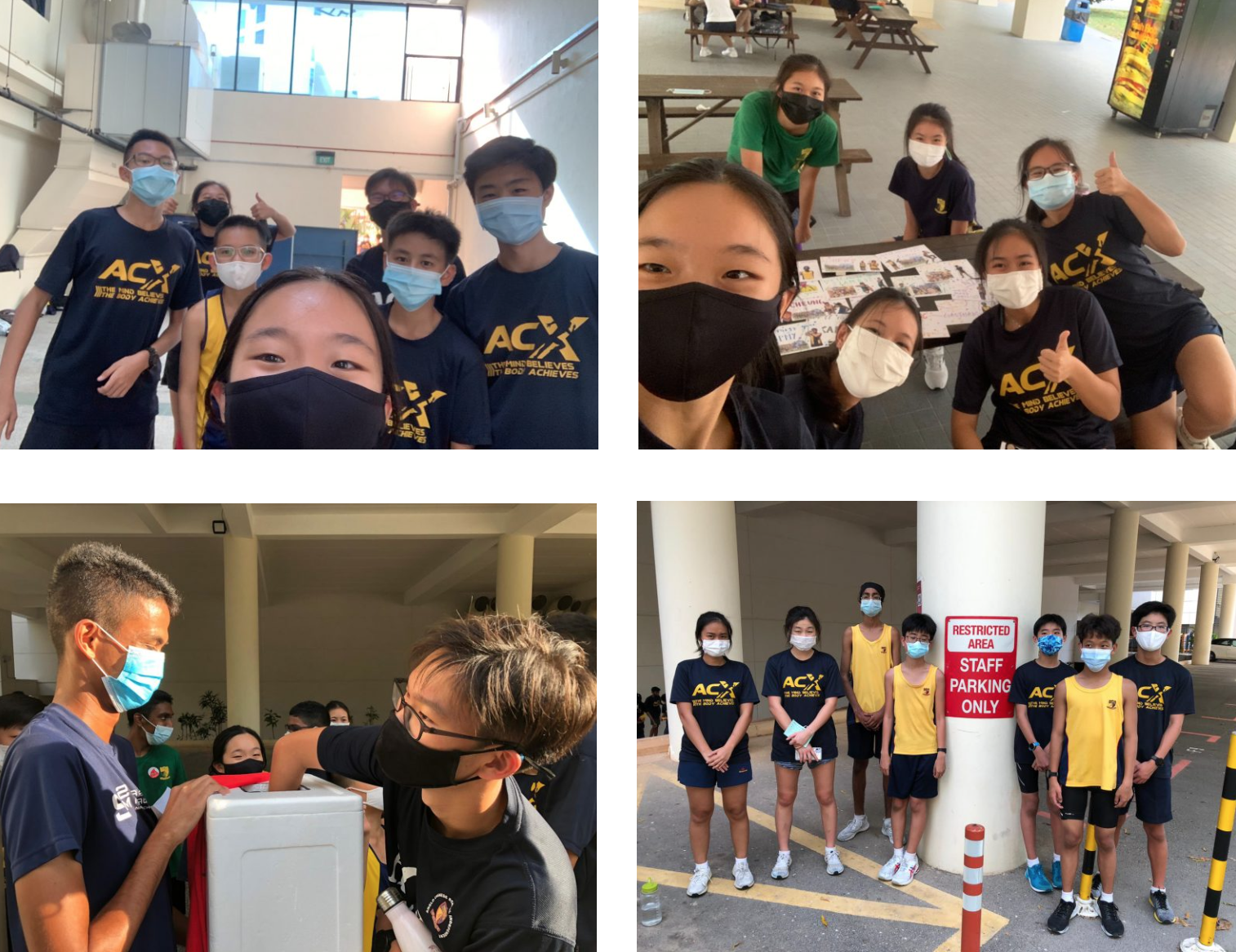 Four photos of masked students in ACX shirts at various school activity locations, some giving thumbs up.